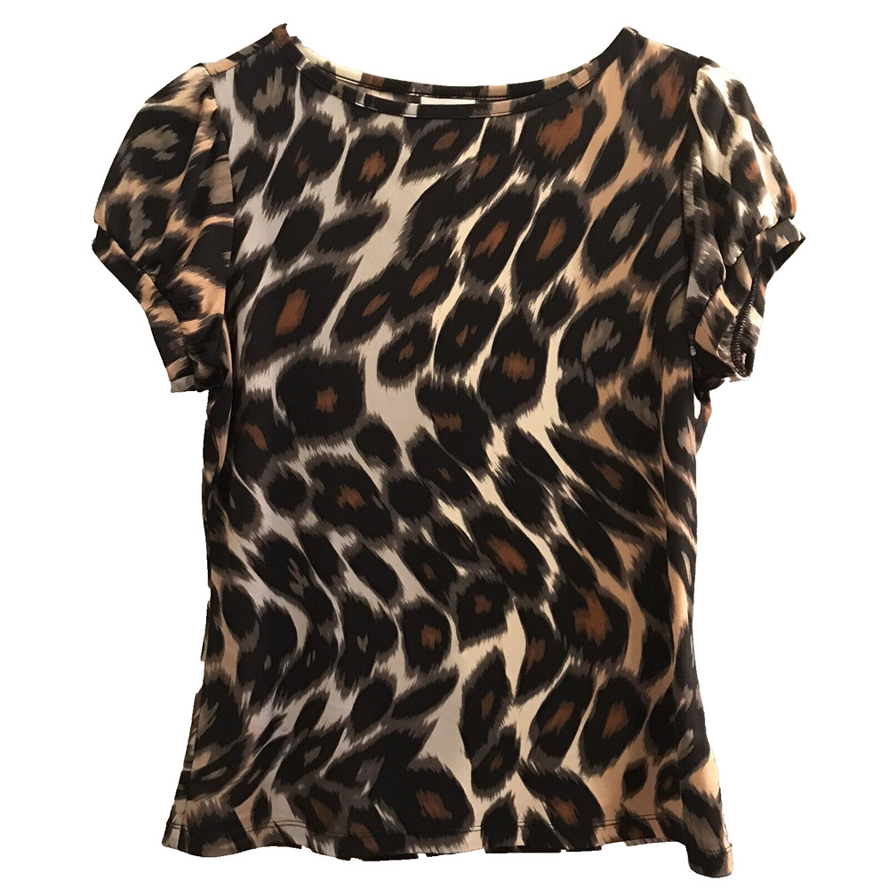 Worthington Petite Medium PM Short Sleeve Top Animal Print Blouse Cheetah